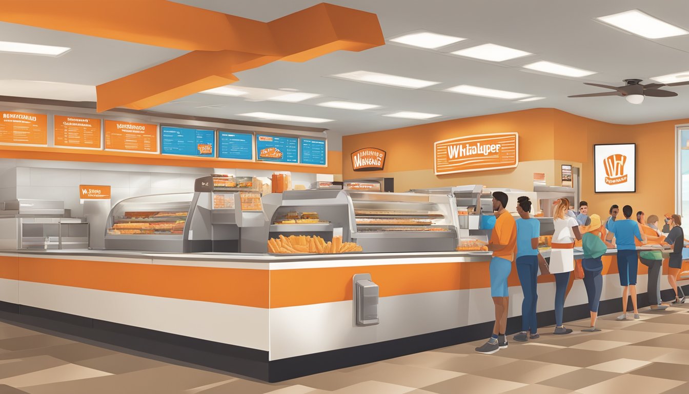 A bustling Whataburger restaurant in Farmington, NM, with customers redeeming rewards and loyalty program perks at the counter