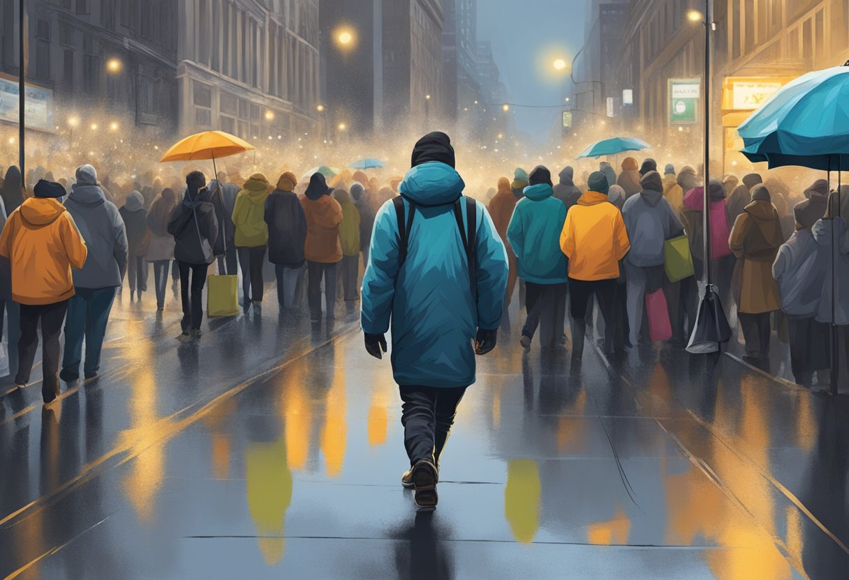 A lone street performer braves the elements, adjusting their act to the changing crowd, showcasing resilience and adaptability