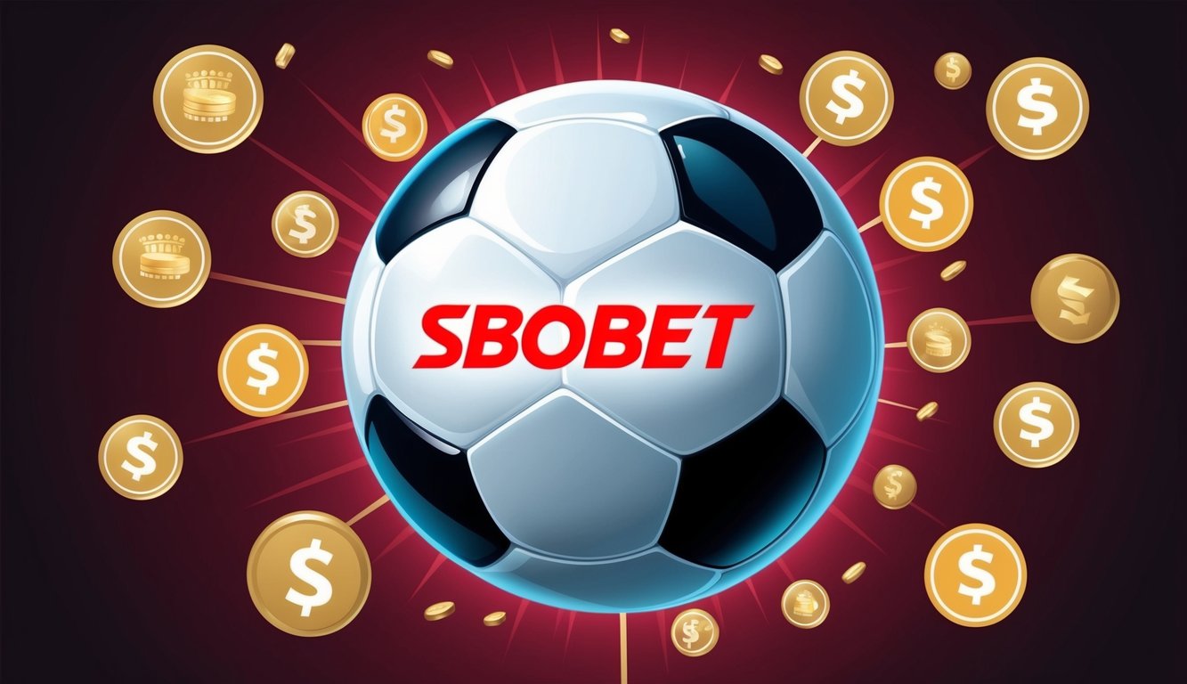 Sebuah bola sepak dengan logo Sbobet dikelilingi oleh berbagai simbol bonus