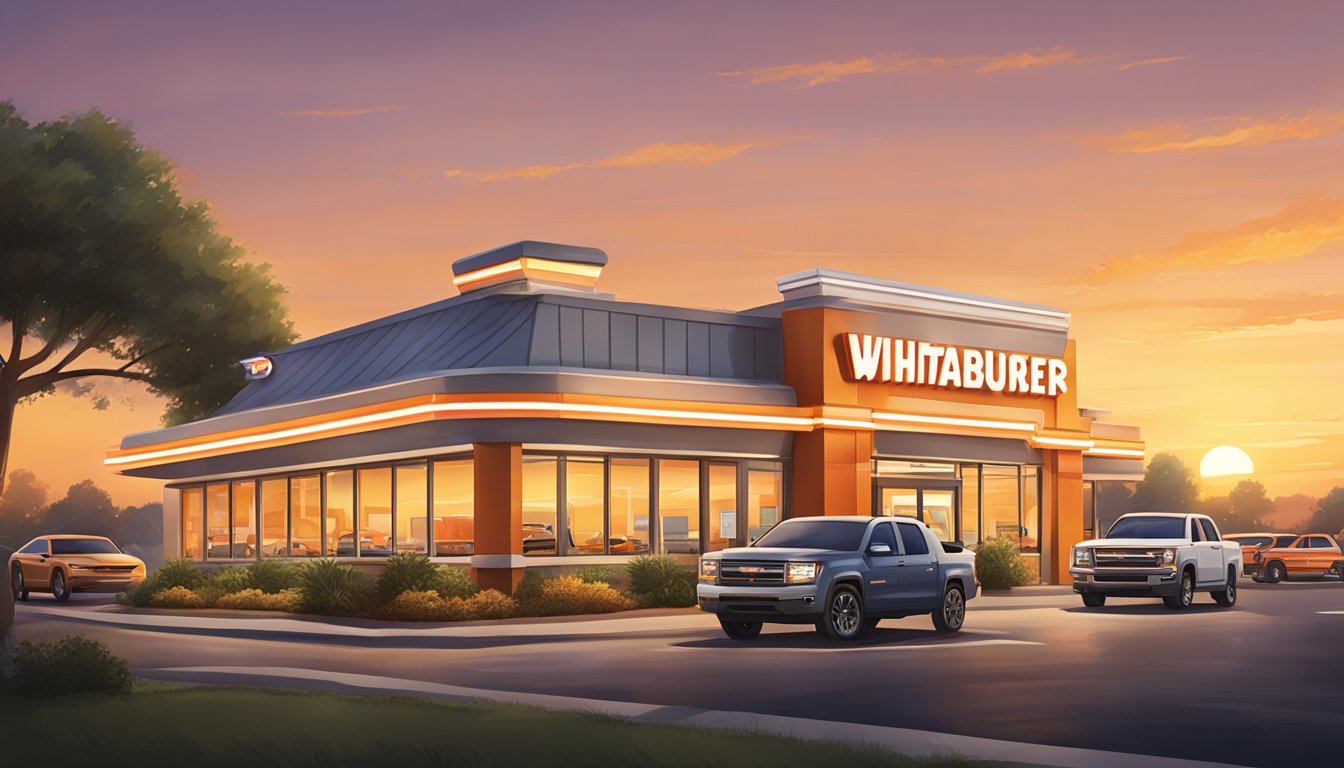 A bustling whataburger restaurant with a modern, sleek design and a drive-thru line of cars stretching into the distance. The sun is setting, casting a warm glow on the building