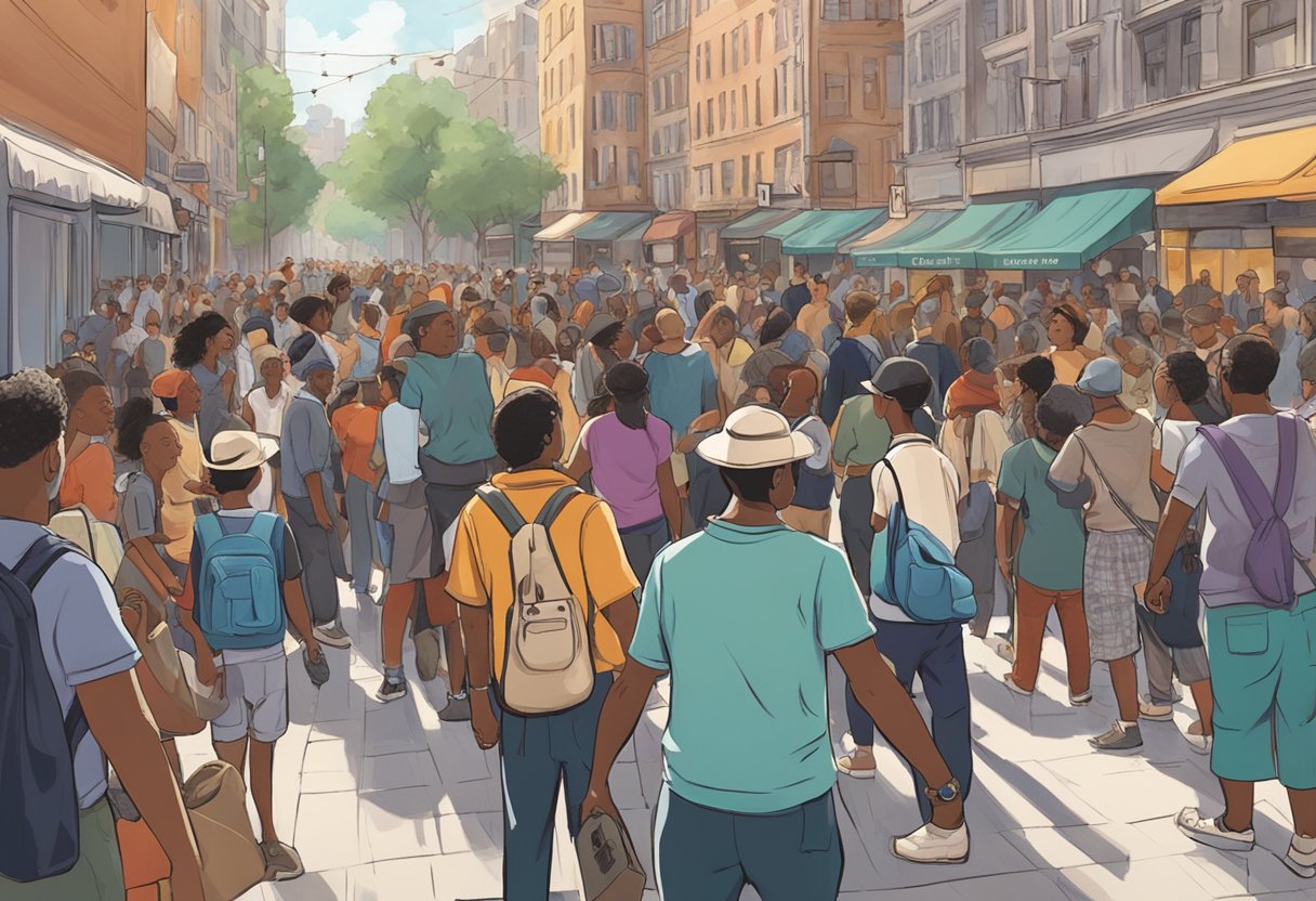 A bustling city street with diverse street performers showcasing their talents amidst a crowd of onlookers, embodying resilience and adaptability