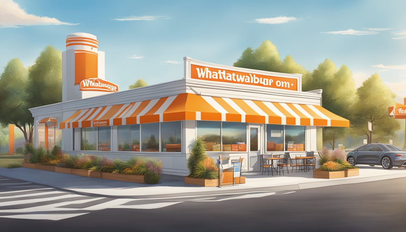 A sunny morning with a Whataburger storefront featuring a breakfast menu displayed on a sign, while customers enjoy breakfast items at outdoor tables