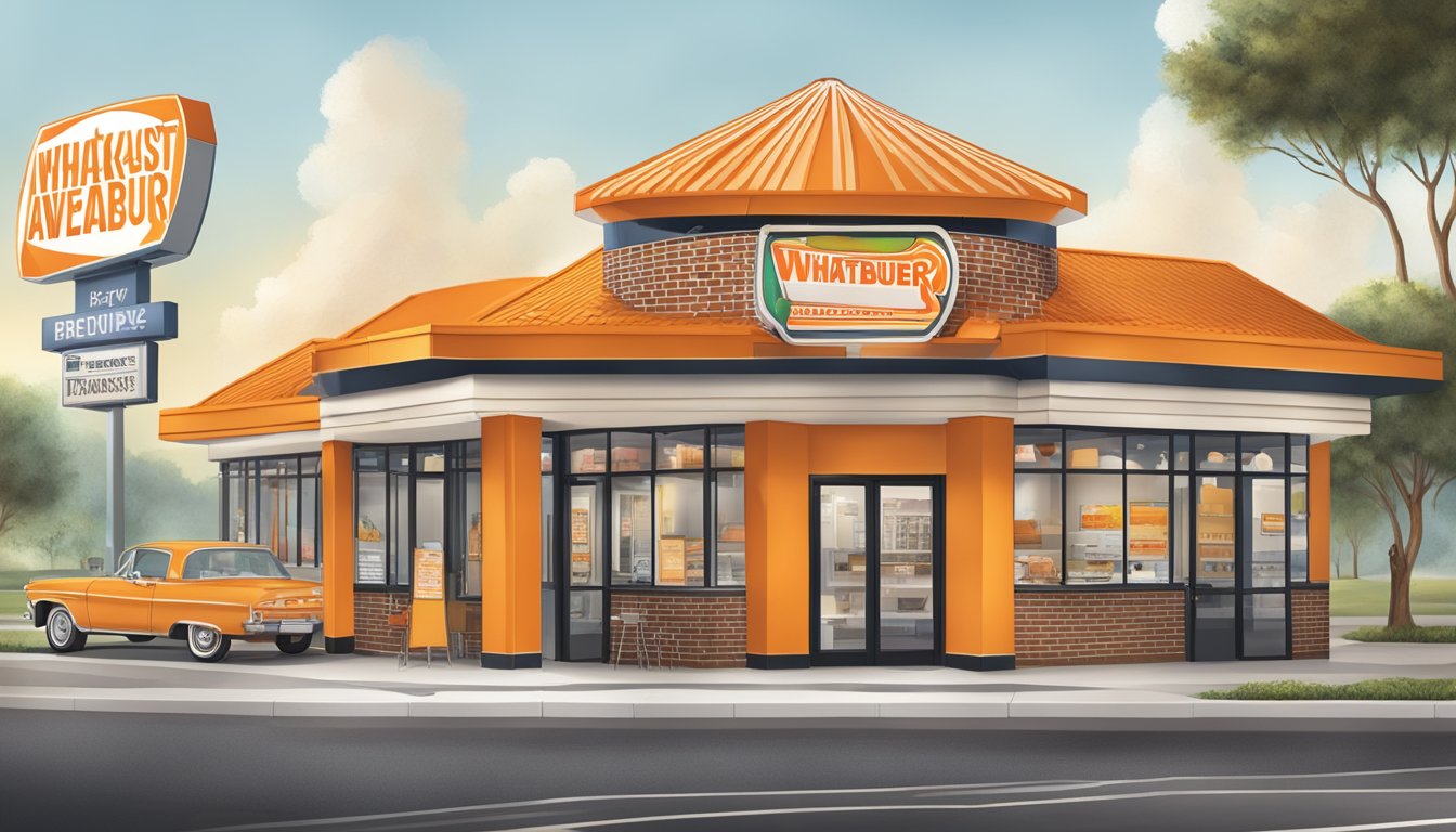 A Whataburger restaurant with a sign displaying "Breakfast Available All Day" and a menu featuring breakfast items