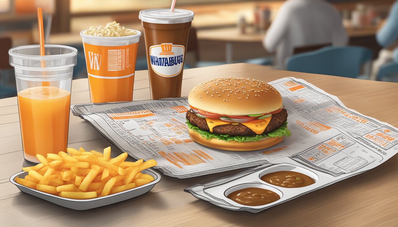 A table with a Whataburger meal displayed, including a burger, fries, and a drink, with nutritional information labels visible