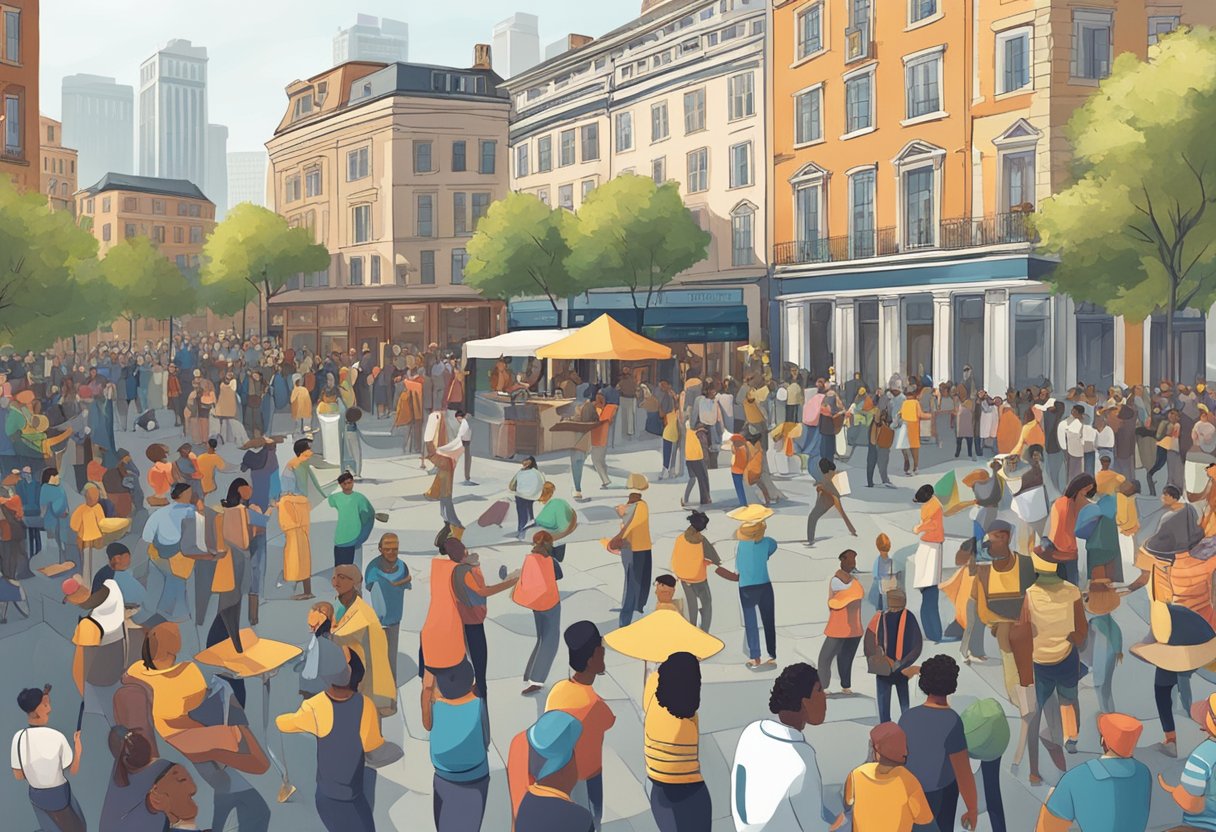 A bustling city square with various street performers entertaining a diverse crowd, showcasing resilience and adaptability in their performances