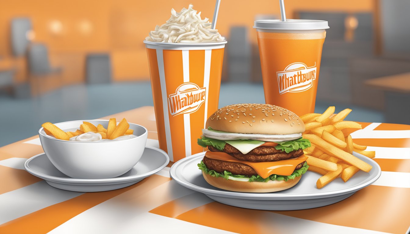 A table set with a Whataburger meal, featuring a classic burger, fries, and a drink, with the iconic orange and white packaging