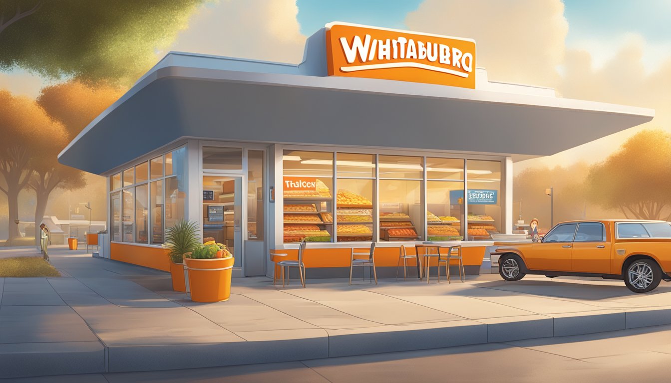 A sunny morning with a Whataburger restaurant in the background, featuring a colorful array of breakfast items such as taquitos, biscuits, and hash browns on display