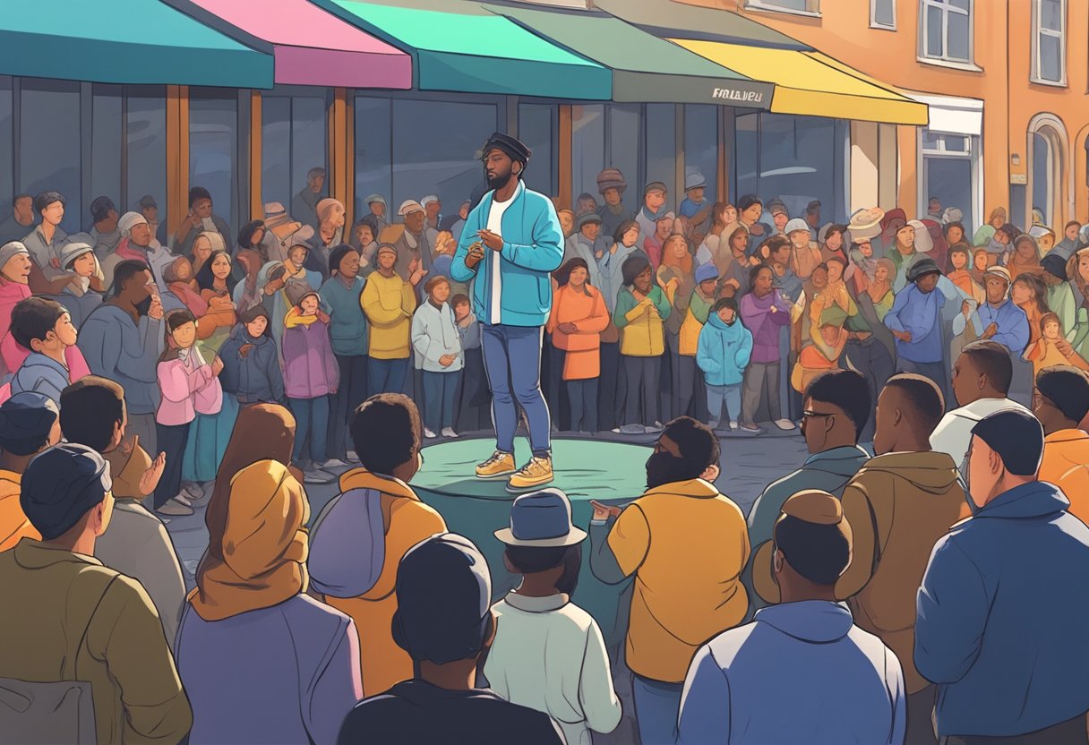 A street performer surrounded by diverse audience, adapting to changing weather and noise, displaying resilience and creativity