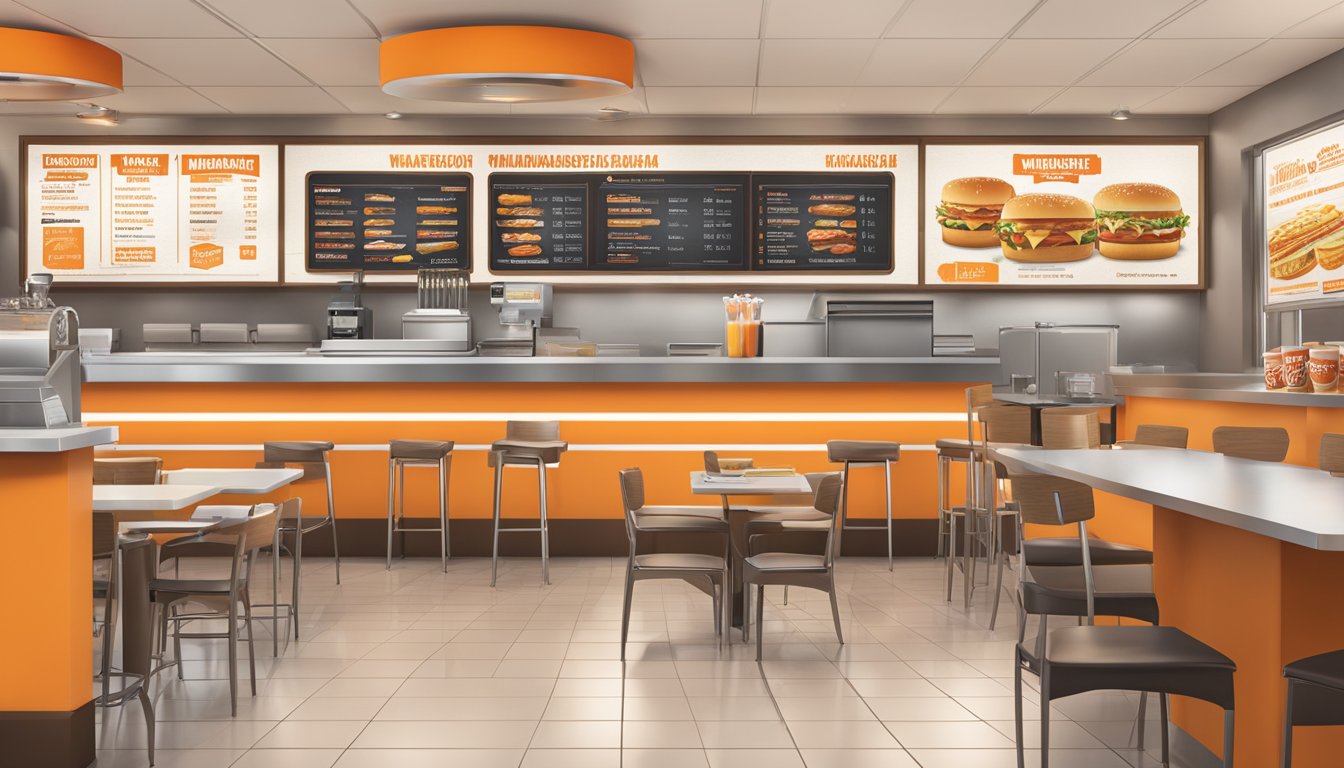 A Whataburger restaurant with a breakfast menu displayed on a digital screen, alongside a variety of breakfast items on the menu board