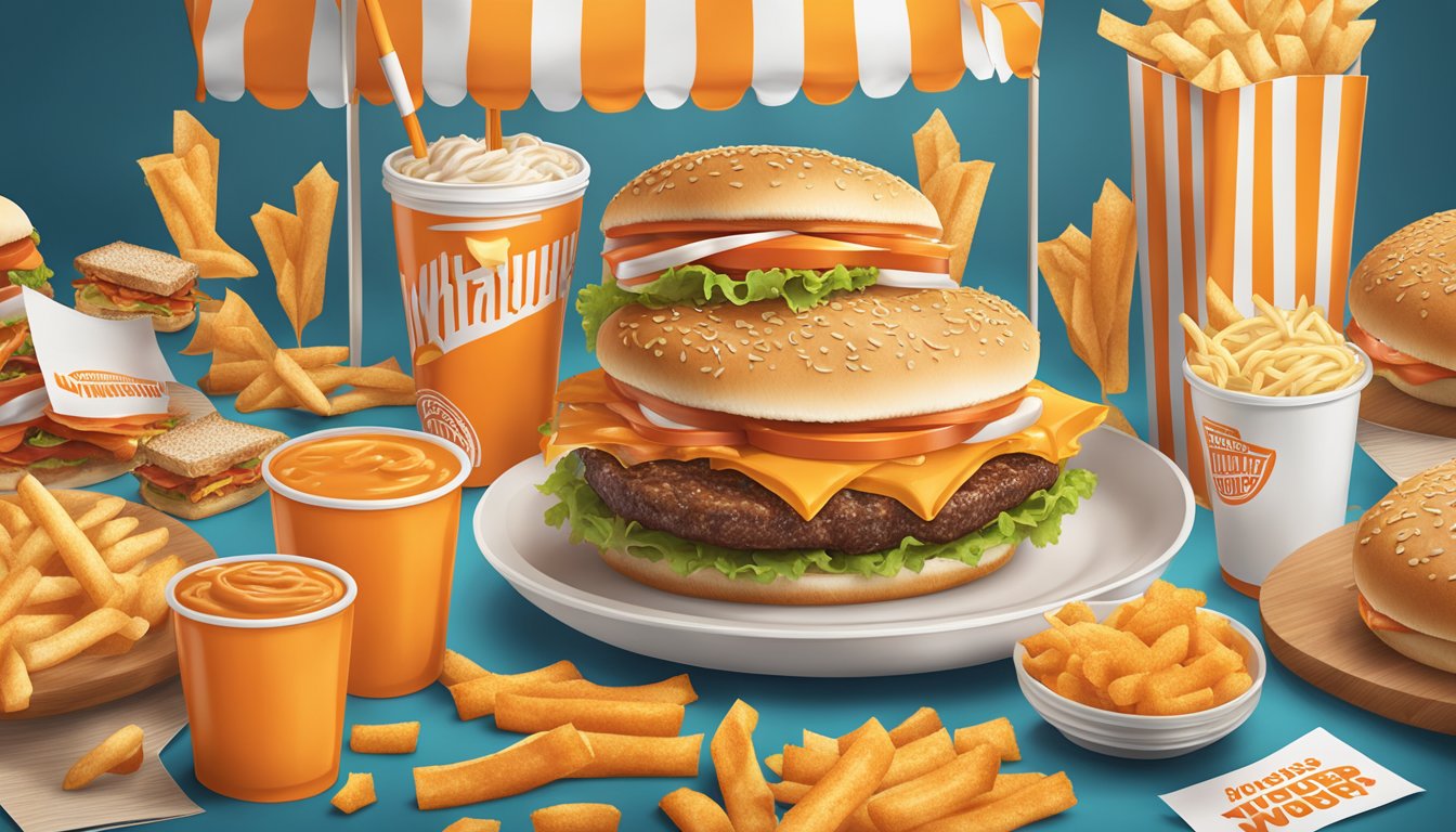 A delicious Whataburger meal surrounded by promotional signs and offers