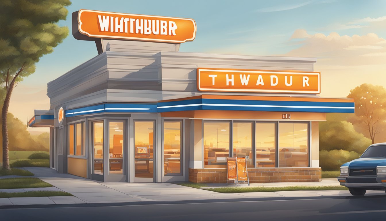 A sunny morning scene with a Whataburger restaurant sign and a breakfast menu displayed on the front window