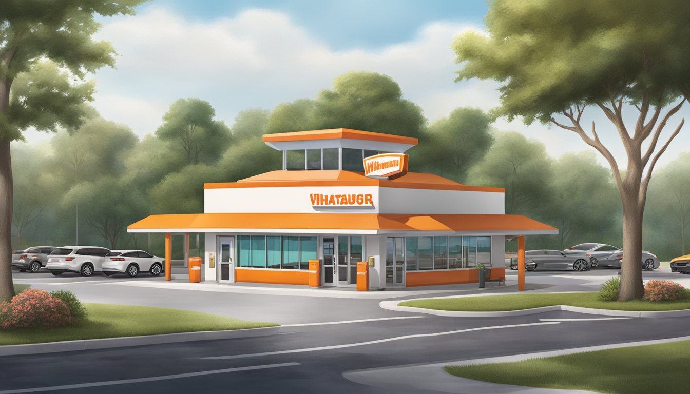 A Whataburger restaurant with a drive-thru and outdoor seating, surrounded by trees and a parking lot