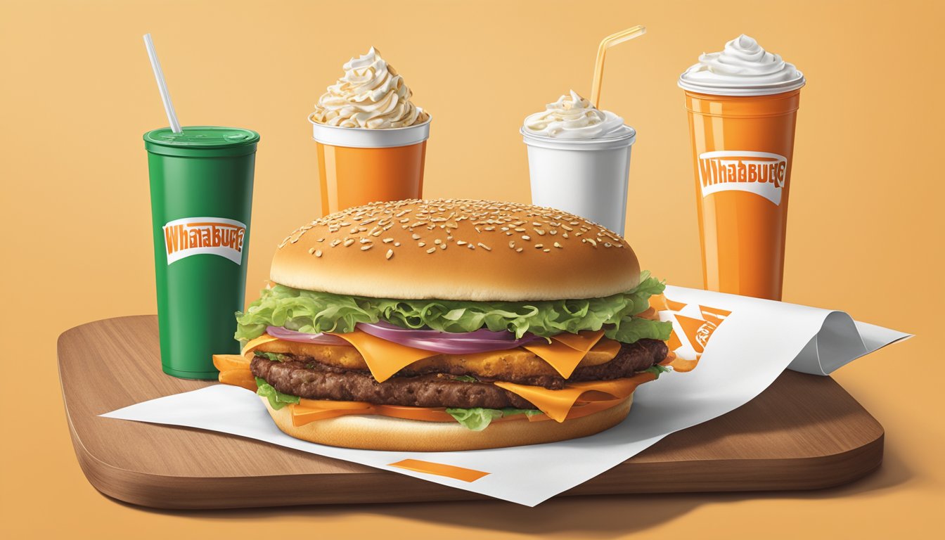 A Whataburger meal with branded merchandise on a table