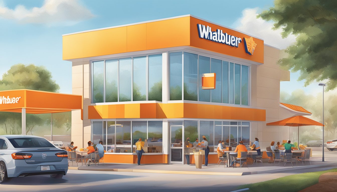 A sunny morning at Whataburger with a bustling drive-thru and customers enjoying breakfast items at outdoor tables