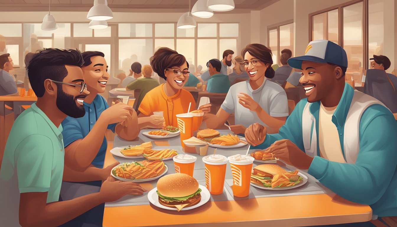 A group of people gather around a table, enjoying Whataburger meals while engaging in conversation and laughter