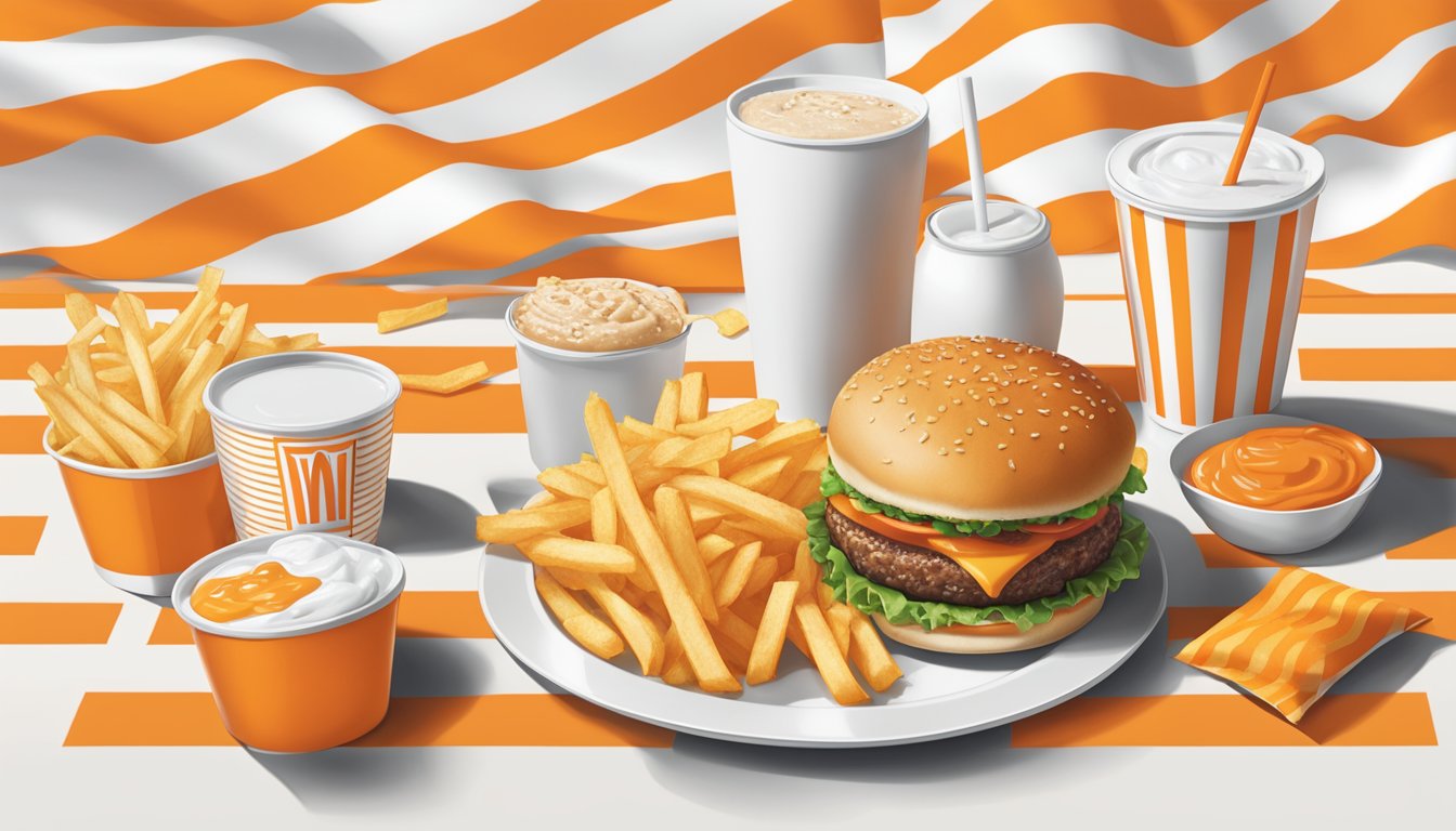 A table set with a Whataburger meal, including a burger, fries, and a drink, with the iconic orange and white striped packaging