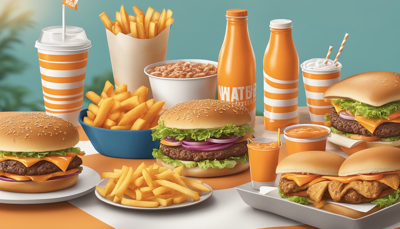 A Whataburger catering spread with burgers, fries, and drinks on a table