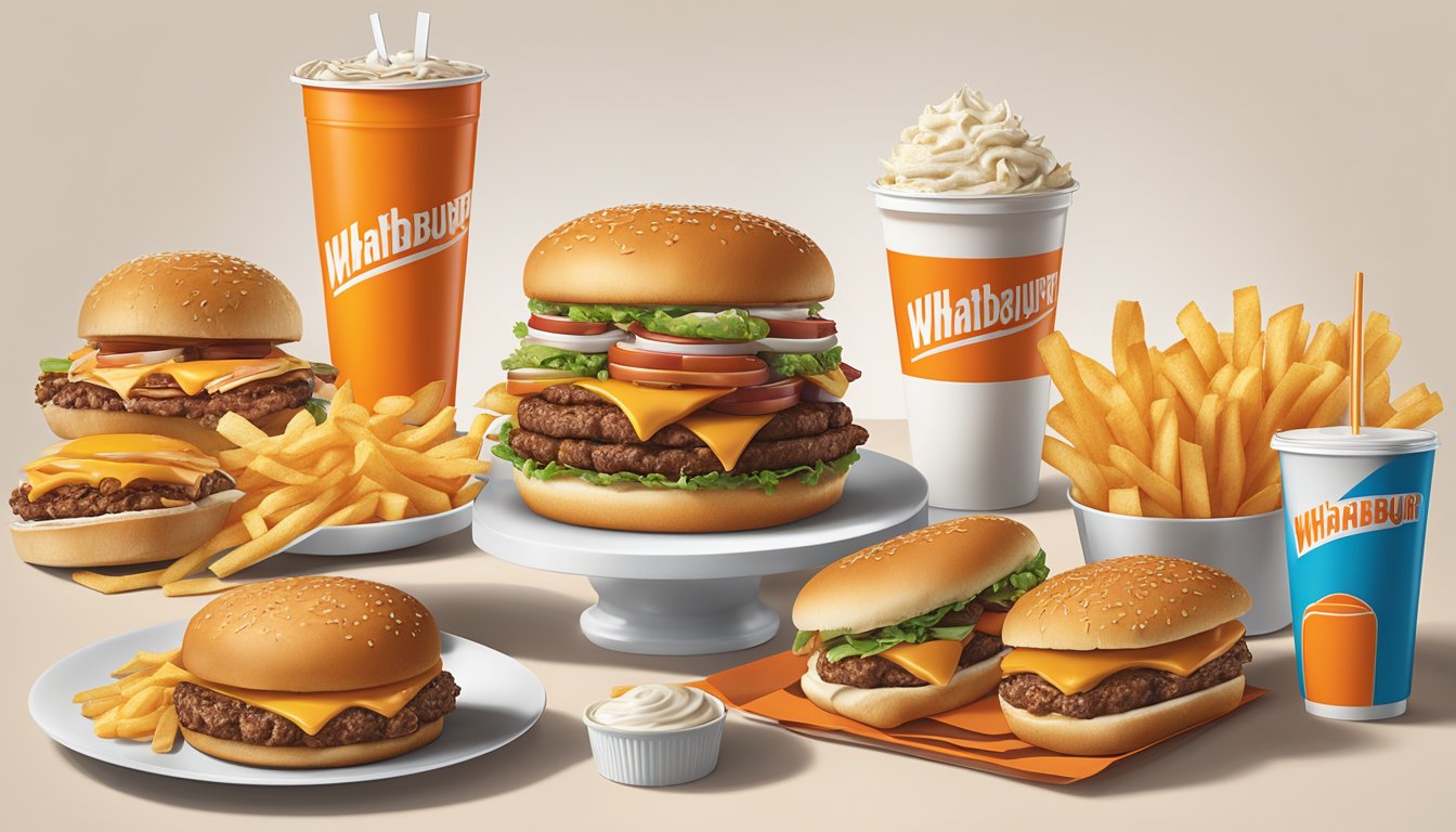 A table filled with Whataburger catering menu options, including burgers, fries, drinks, and desserts