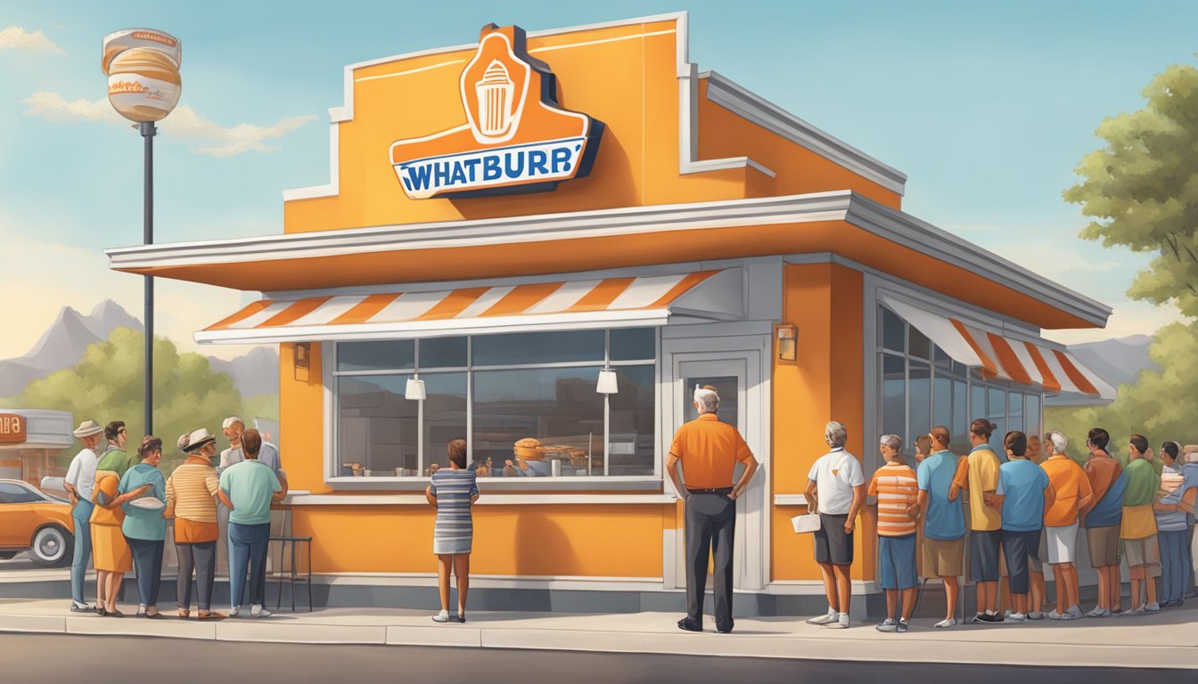 The founder of Whataburger standing proudly in front of the first restaurant, with a line of eager customers waiting to try the famous burgers