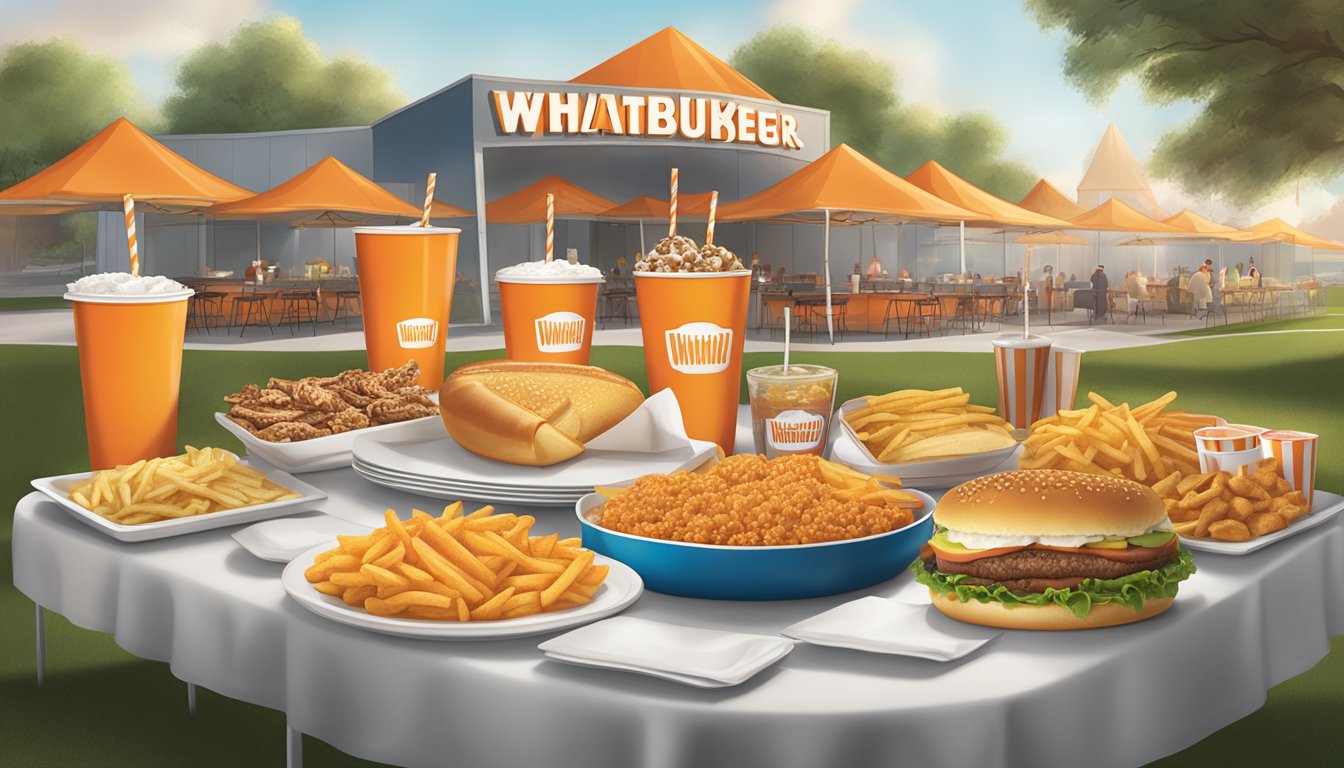 A festive event with a Whataburger catering setup, featuring a variety of food and drink options displayed on a table