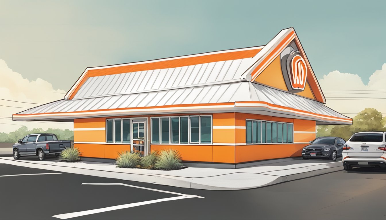 The iconic orange and white striped A-frame building of a Whataburger restaurant, surrounded by a bustling parking lot and drive-thru, with the company's logo prominently displayed