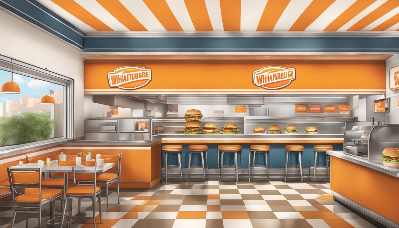 A bustling Whataburger restaurant with iconic orange and white stripes, a bold logo, and a diverse menu of burgers, fries, and shakes