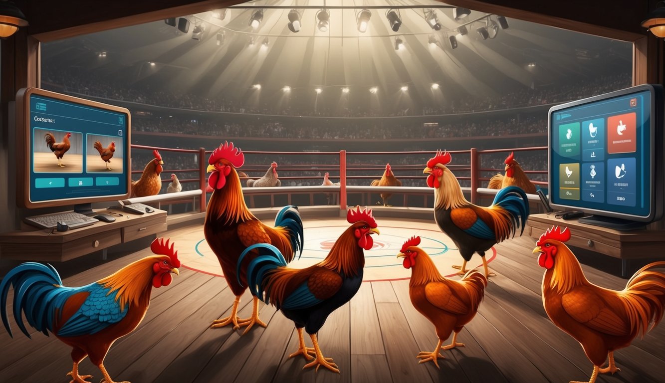 Sebuah arena sabung ayam online yang ramai dengan antarmuka digital dan ayam jantan animasi