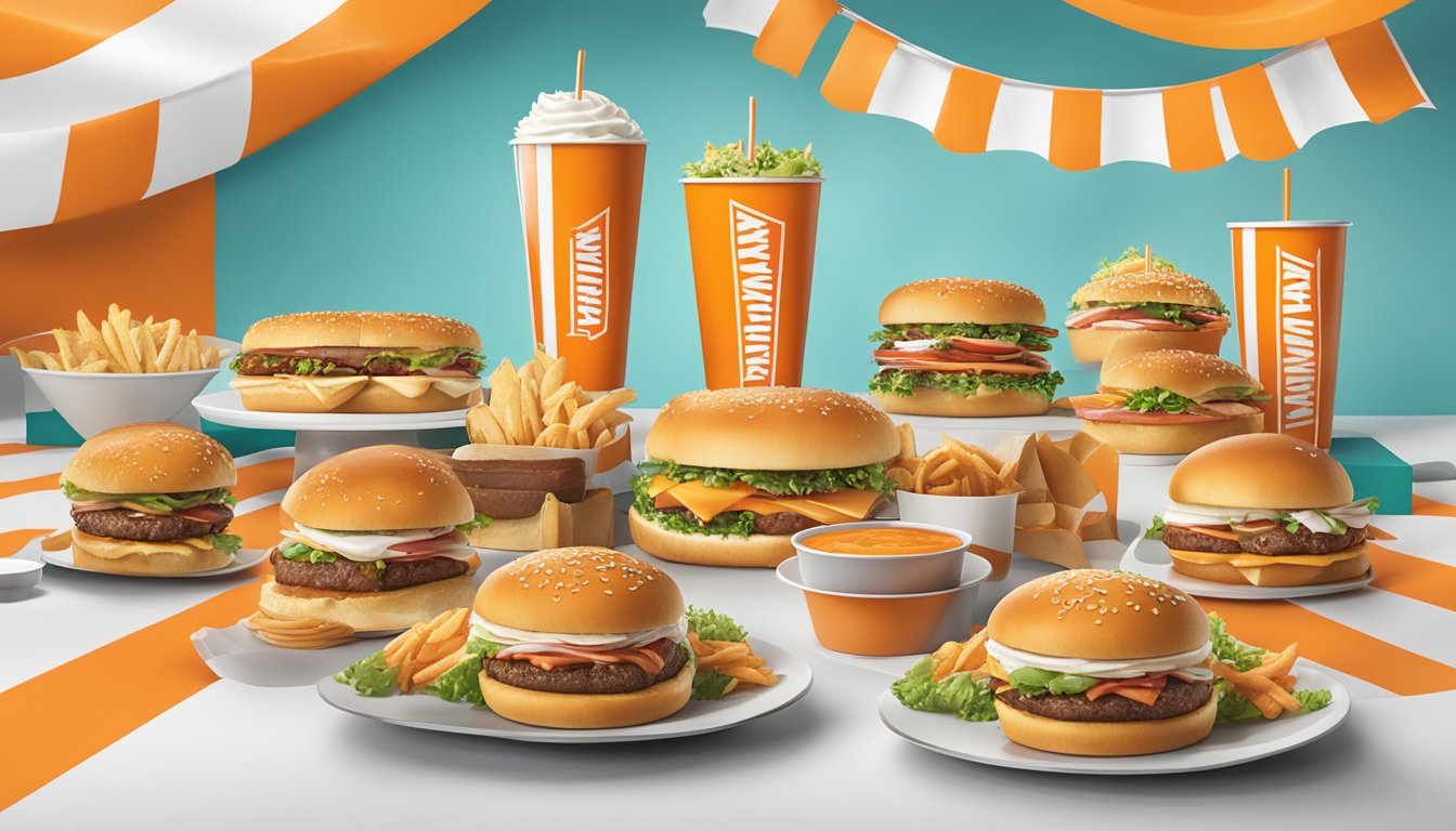 A table with a variety of Whataburger catering packages and pricing displayed, surrounded by colorful banners and promotional materials