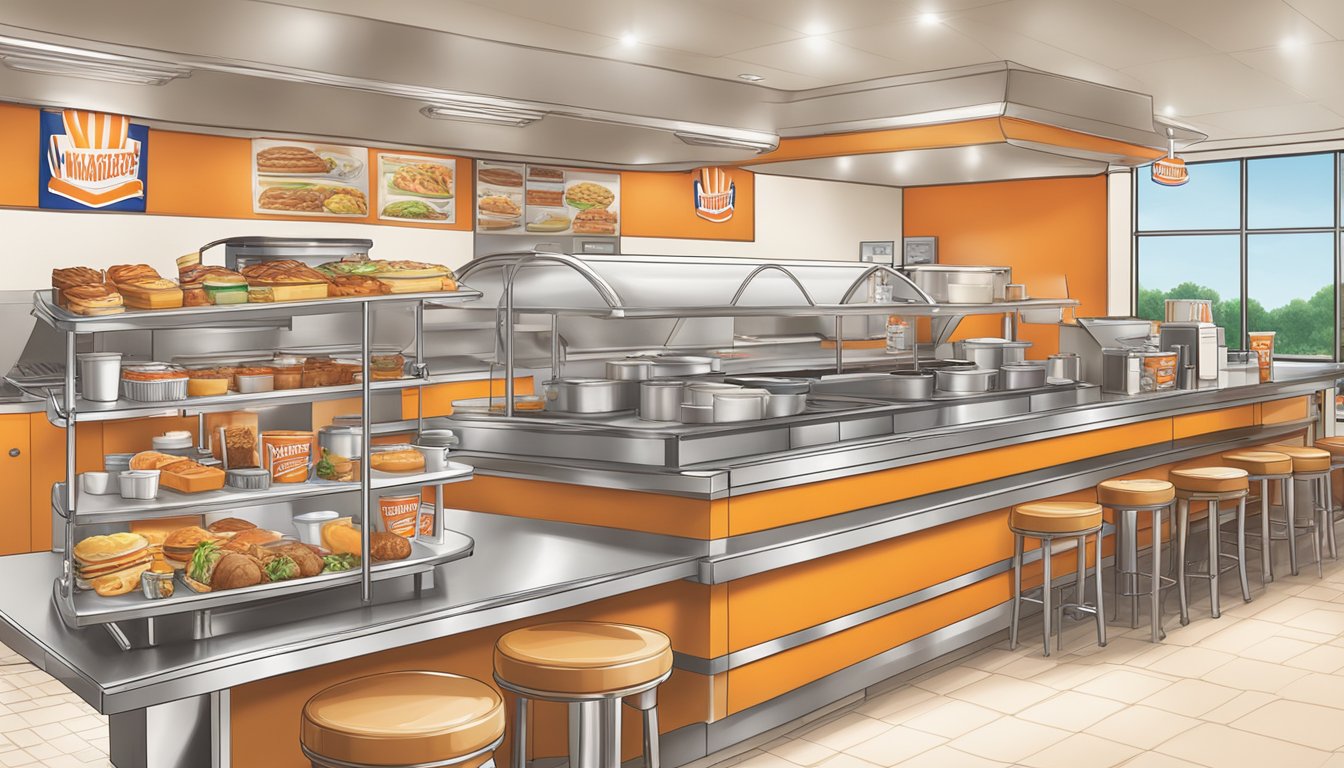 A bustling Whataburger catering station with a variety of food items and drinks displayed on a table, ready for serving