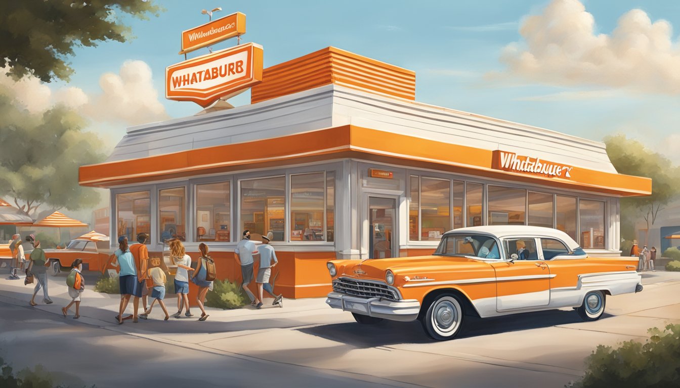 A bustling Whataburger restaurant with a vintage sign and iconic orange and white striped building, surrounded by loyal customers and a sense of nostalgia