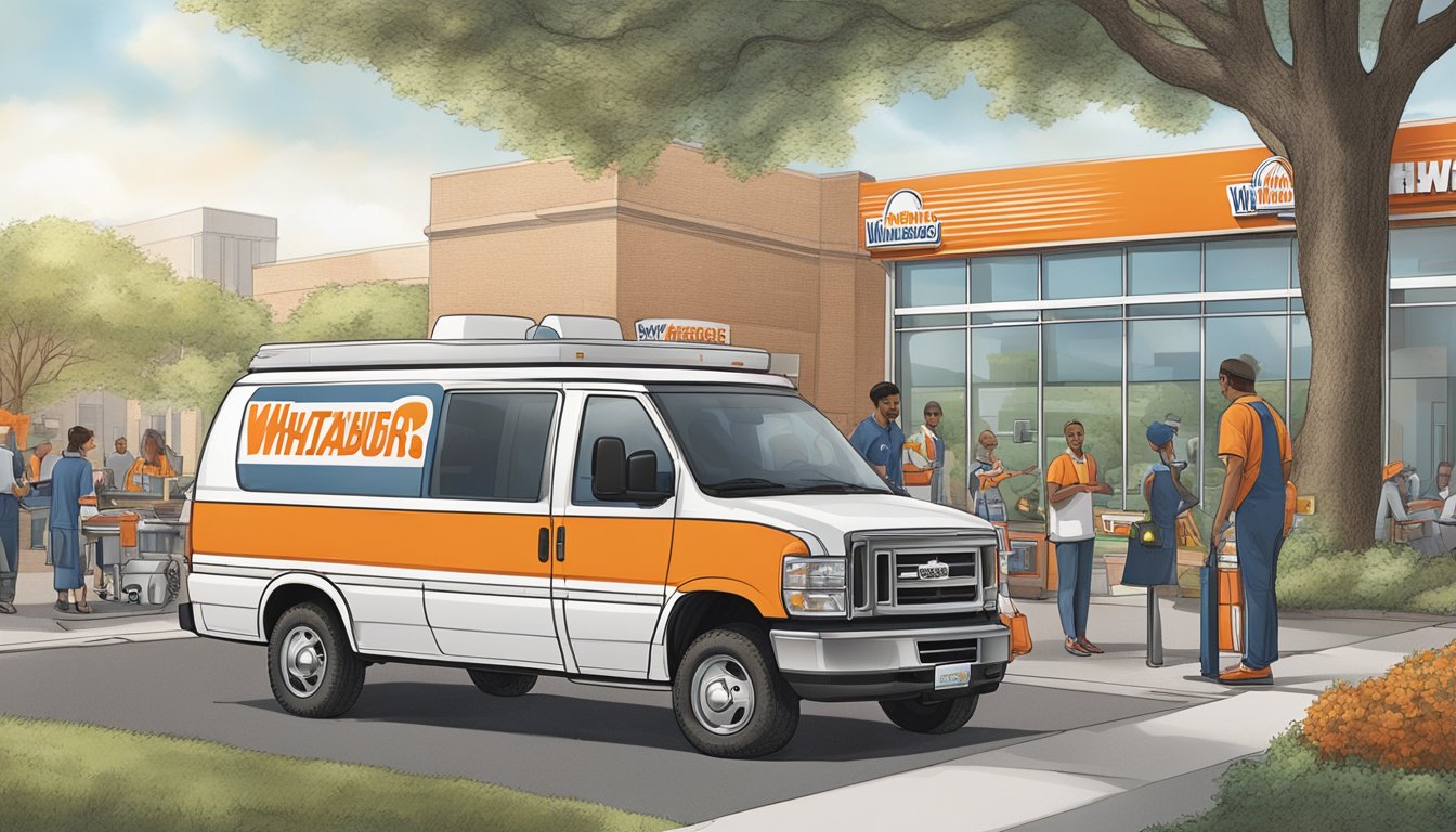 A Whataburger catering van parked outside a busy office building, with employees lined up to collect their orders while a customer service representative assists them