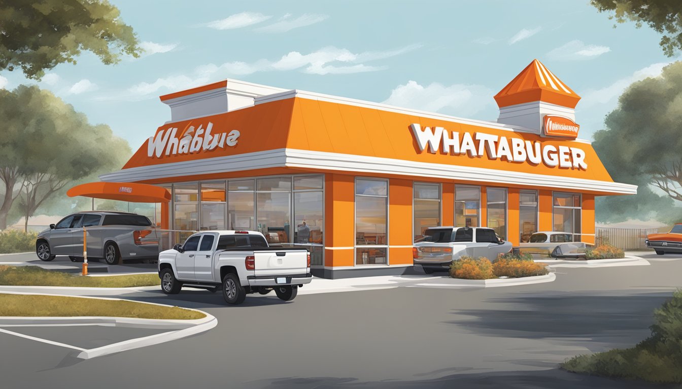 A bustling Whataburger shop with a drive-thru, outdoor seating, and iconic orange and white striped roof