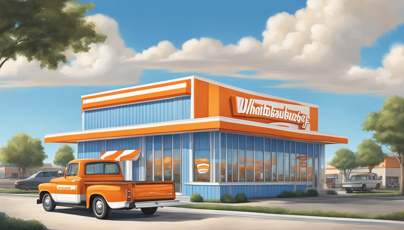 The iconic orange and white striped building of Whataburger stands proudly against a blue sky, with the company's logo prominently displayed