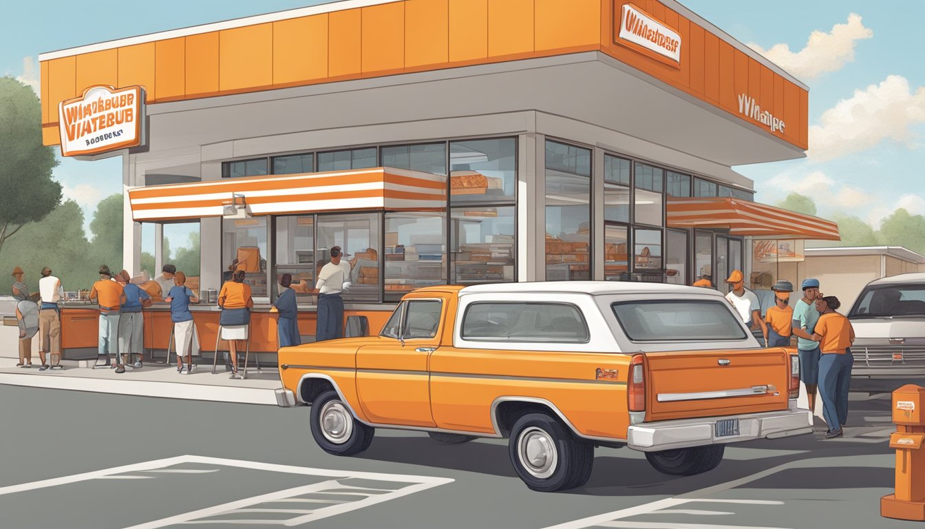 A bustling Whataburger restaurant with a drive-thru, outdoor seating, and a busy kitchen. A line of customers waits to order while employees work efficiently behind the counter