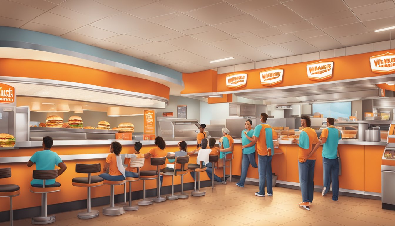 A bustling Whataburger restaurant with a welcoming atmosphere and happy employees serving customers with a smile