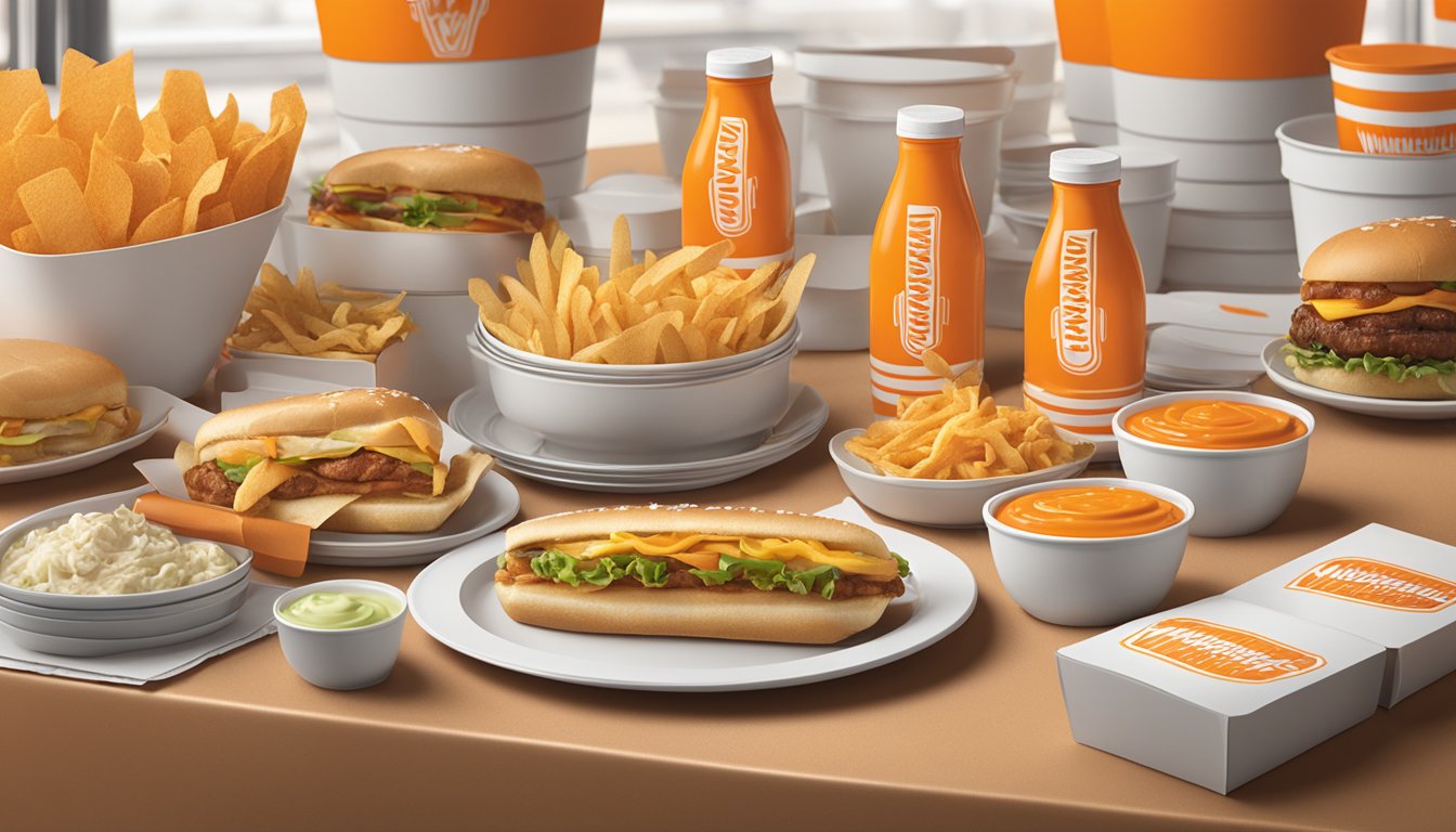 A spread of Whataburger catering items displayed on a table with branded packaging and condiments