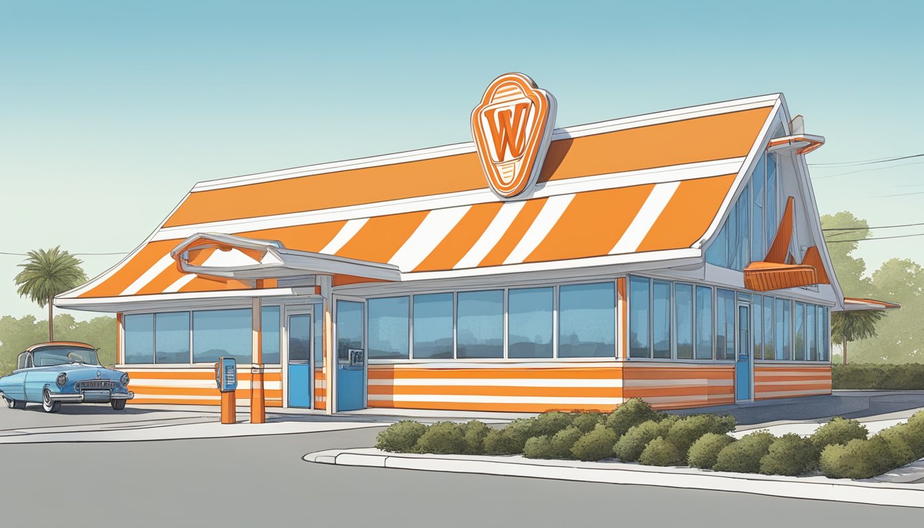 The iconic orange and white striped A-frame building of a Whataburger restaurant stands proudly against a bright blue sky, with a line of cars at the drive-thru and a bustling dining area