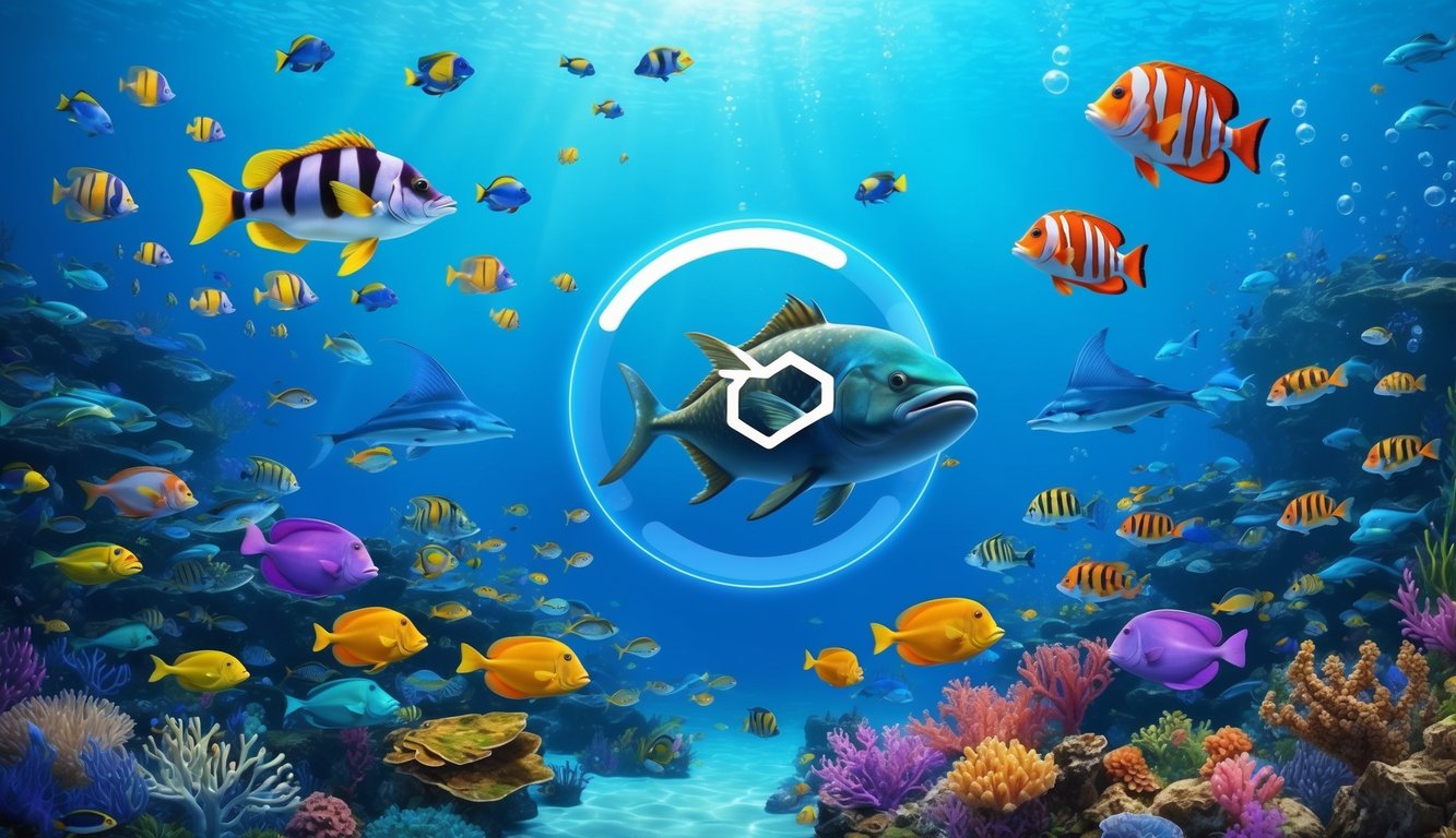 Sebuah dunia bawah laut yang hidup dengan ikan berwarna-warni dan makhluk laut eksotis, dengan antarmuka permainan online yang ramping dan modern yang terintegrasi dengan mulus ke dalam lingkungan.