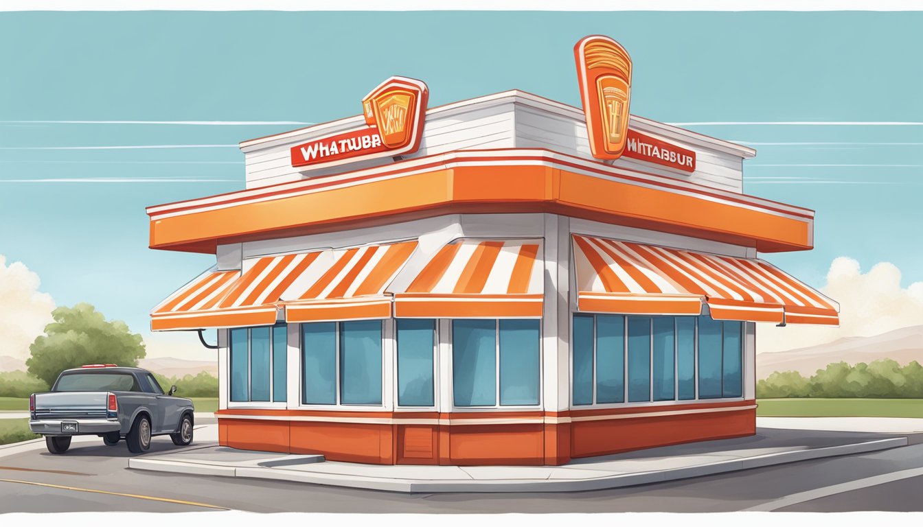 A classic WhatABurger shop with a red and white striped awning, a drive-thru window, and a menu board with colorful images of burgers and fries