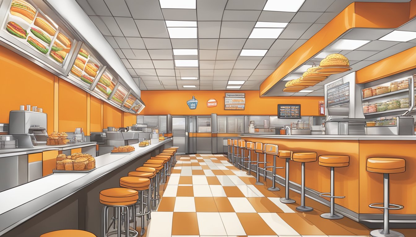 A bustling Whataburger shop with colorful booths, a counter with stools, and a menu board above. The aroma of sizzling burgers fills the air