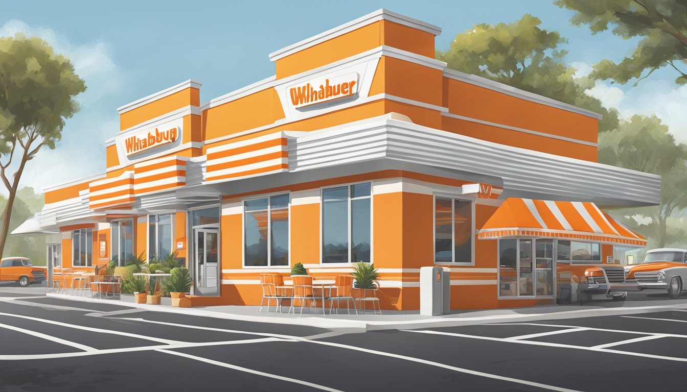 A bustling Whataburger restaurant in Jacksonville, Florida, with the iconic orange and white striped building and a drive-thru lane