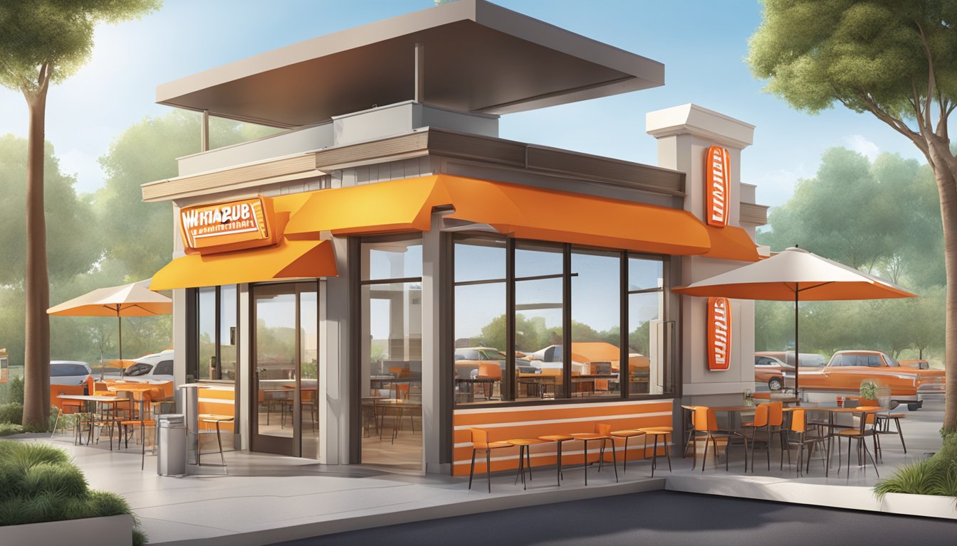 A bustling WhatABurger shop with unique architectural features and a colorful outdoor seating area