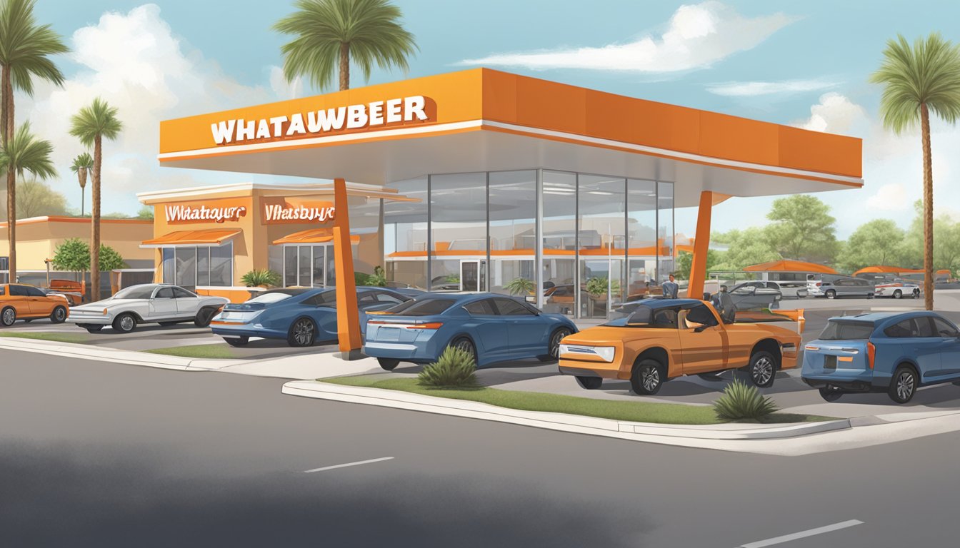 A Whataburger restaurant in Jacksonville, FL, with a drive-thru and outdoor seating, surrounded by palm trees and a busy parking lot