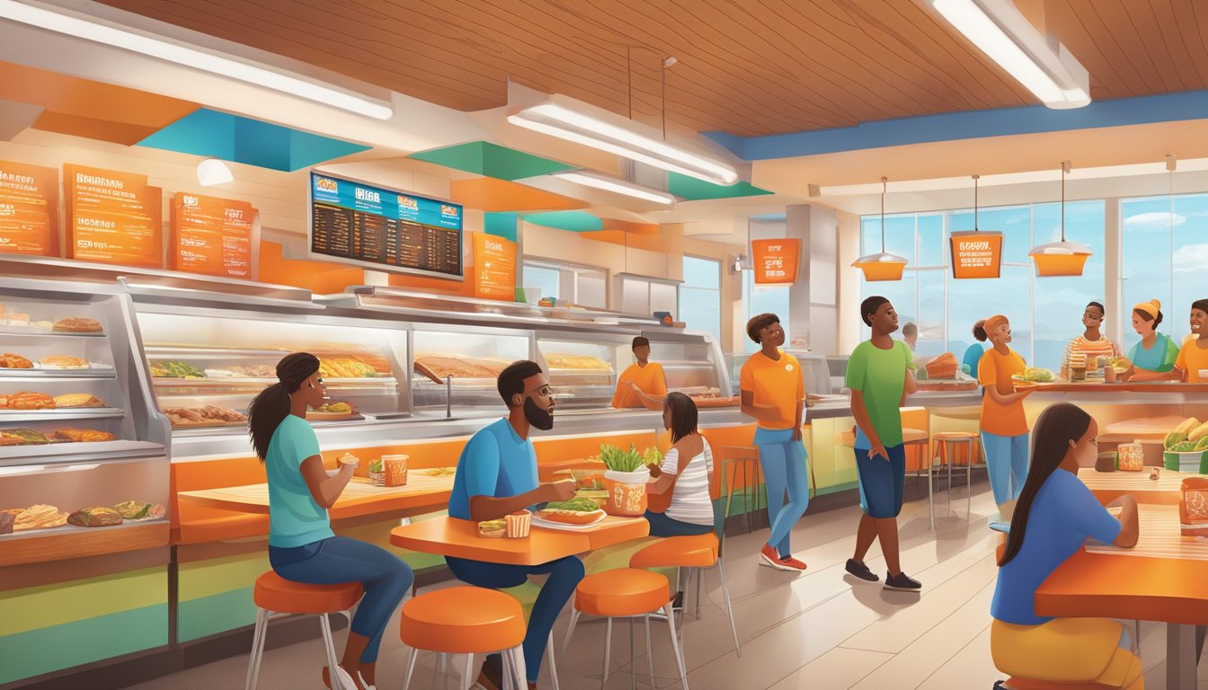 A bustling Whataburger shop with colorful menu boards and a display of fresh ingredients, surrounded by happy customers enjoying their meals