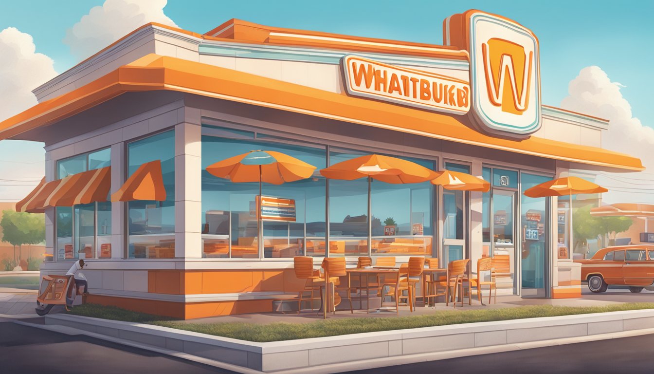 A bustling Whataburger shop with colorful merchandise and a retro aesthetic