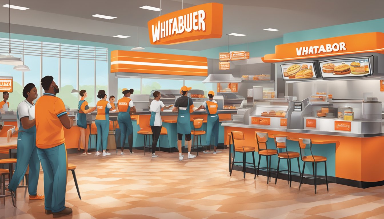 A bustling Whataburger shop with employees taking orders, cooking food, and serving customers at the counter and drive-thru