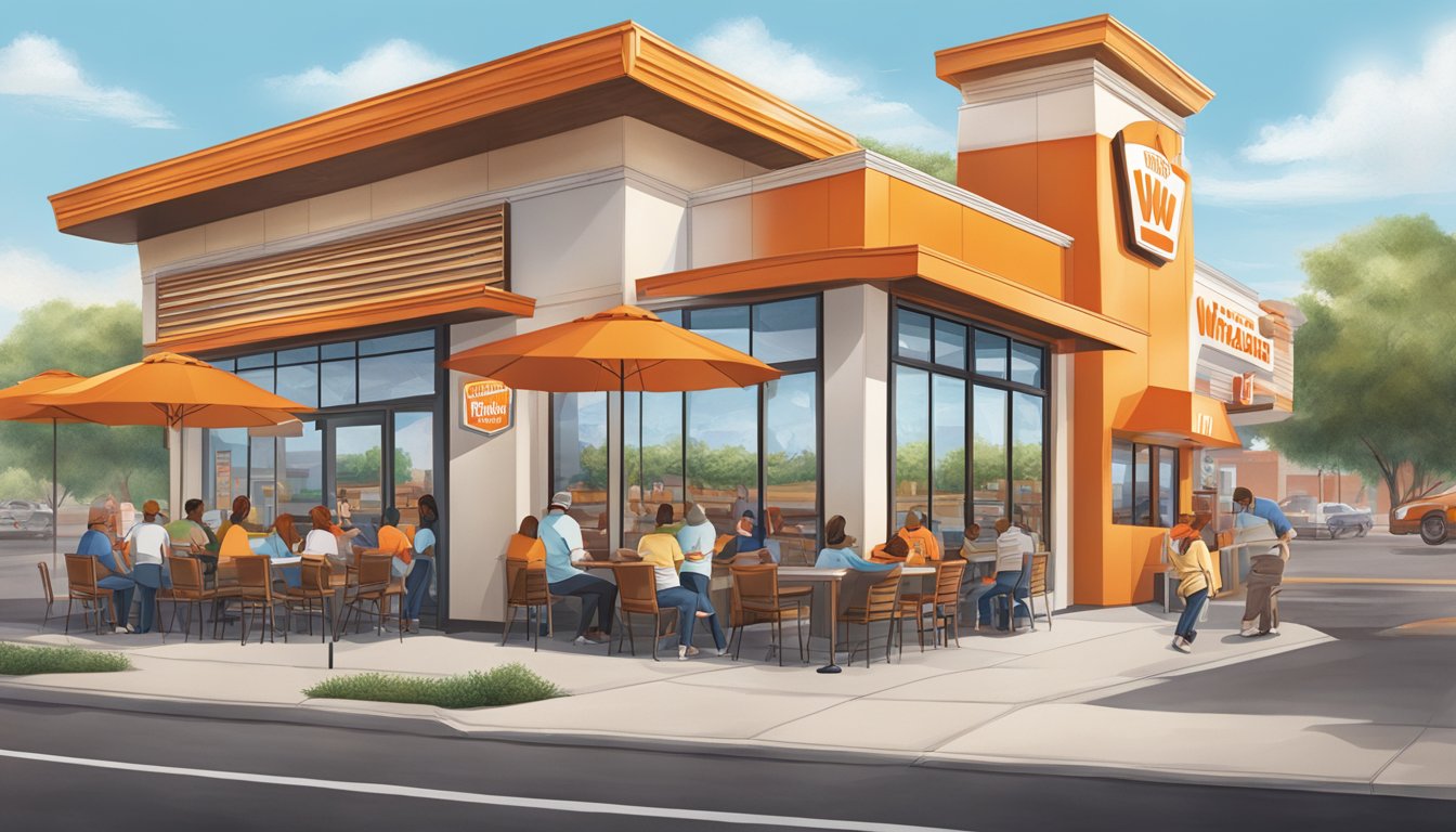 A bustling Whataburger shop with a line of customers, outdoor seating, and a vibrant atmosphere of community and engagement