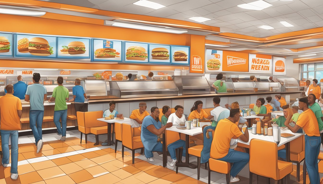 A bustling Whataburger restaurant in Jacksonville, FL, with customers enjoying promotions and rewards