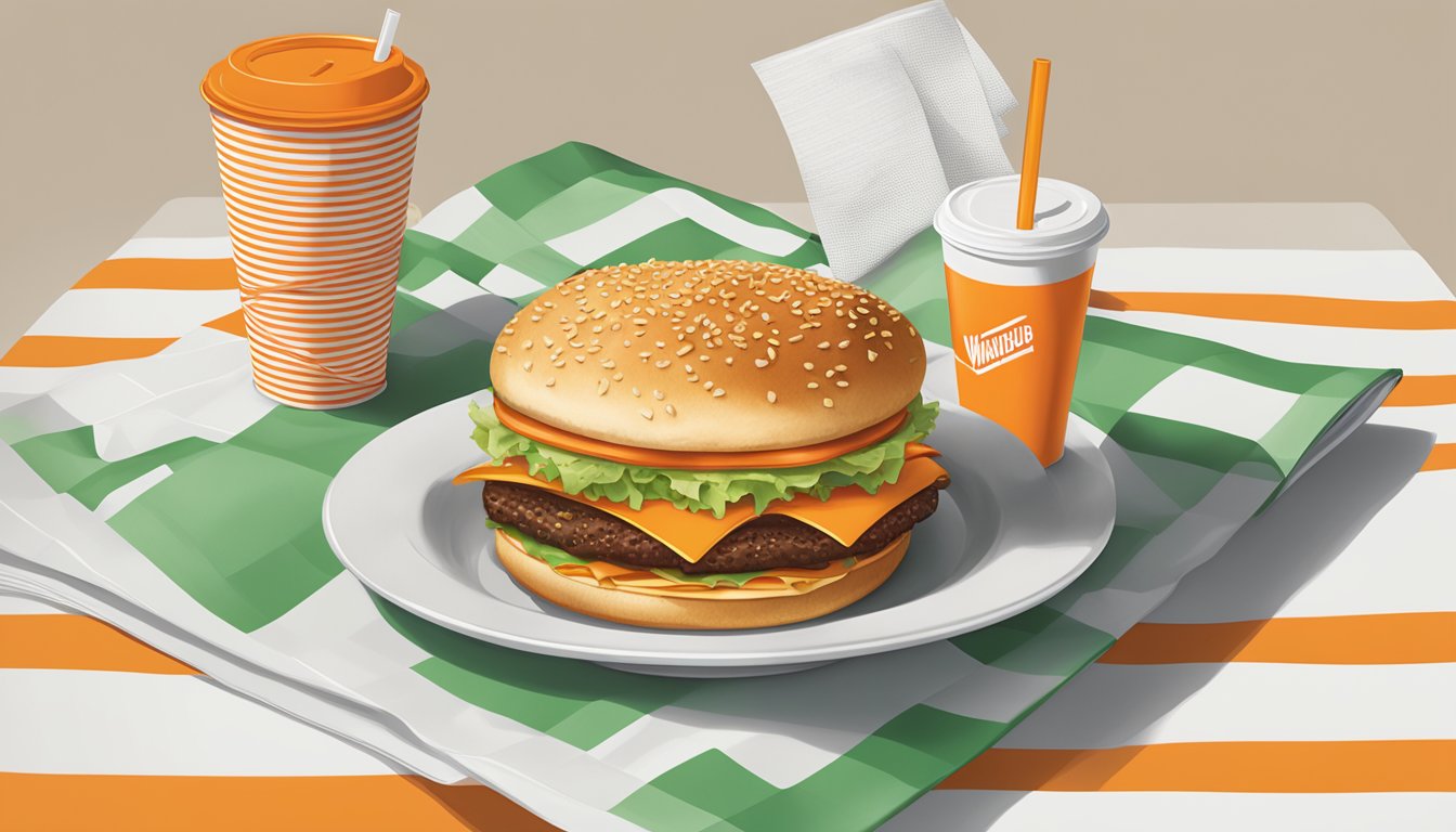 A table with a Whataburger menu, a pile of napkins, and a drink cup with a straw