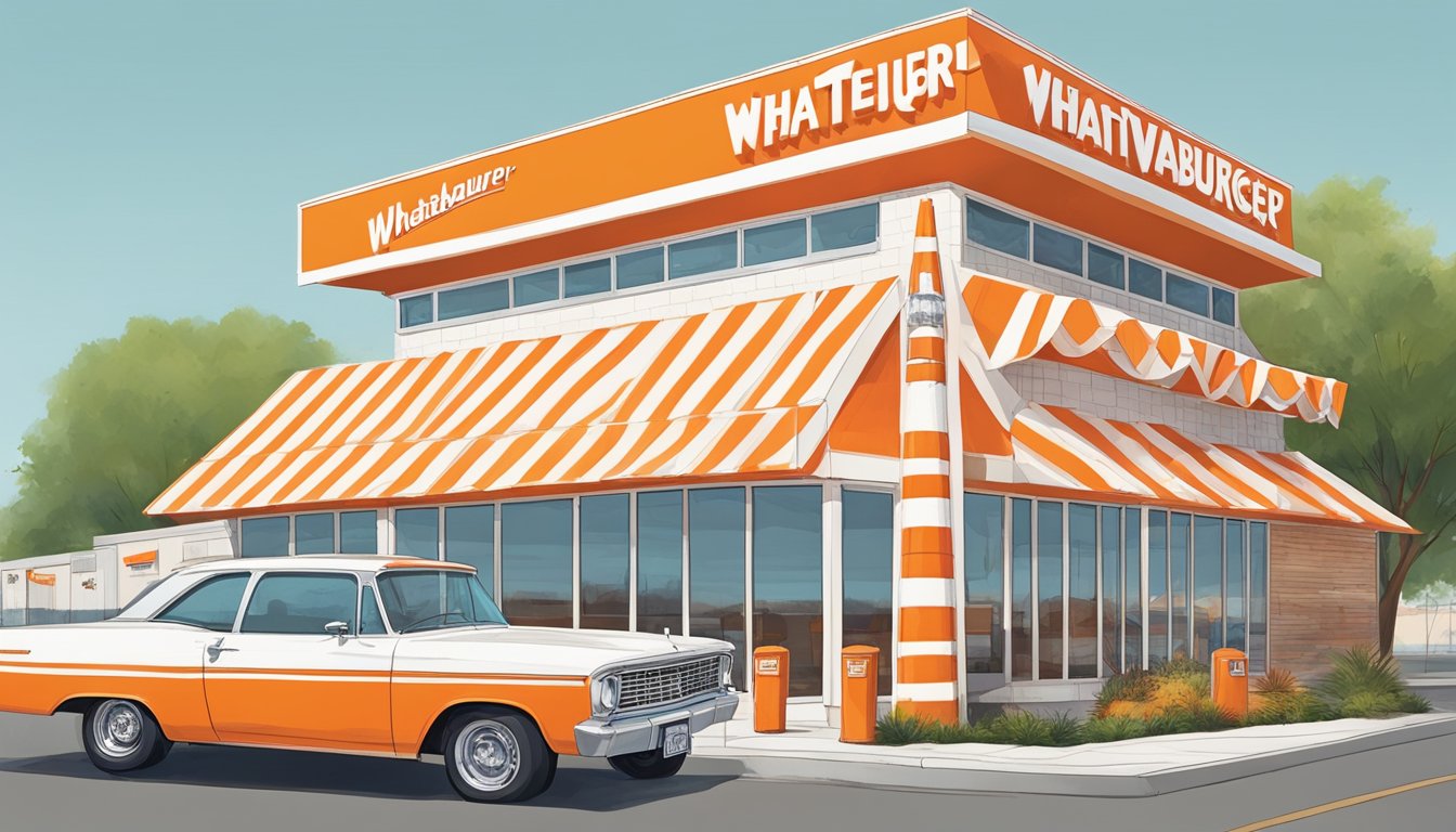 A bustling Whataburger restaurant in Temple, Texas, with the iconic orange and white striped A-frame building, a drive-thru, and the signature orange and white striped Whataburger sign towering above